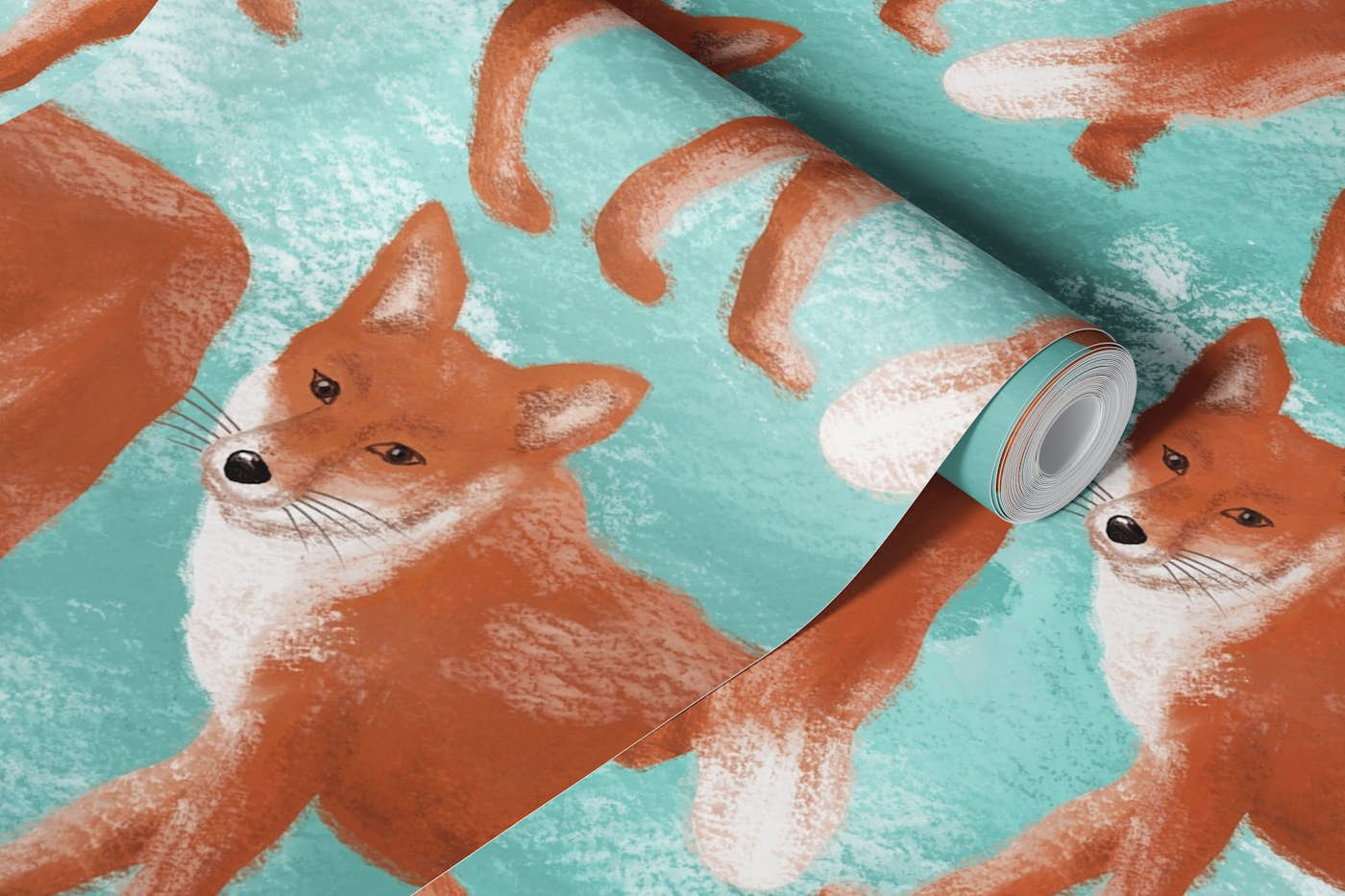 Foxes Pattern Gouache Blue 1 wallpaper roll