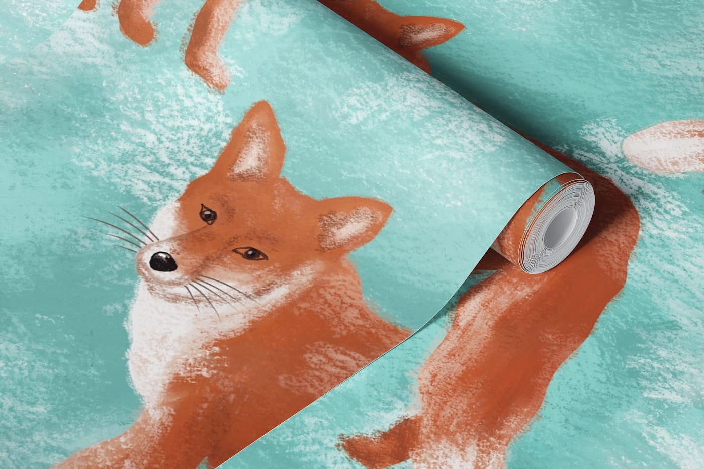 Foxes Pattern Gouache Blue 2 wallpaper roll