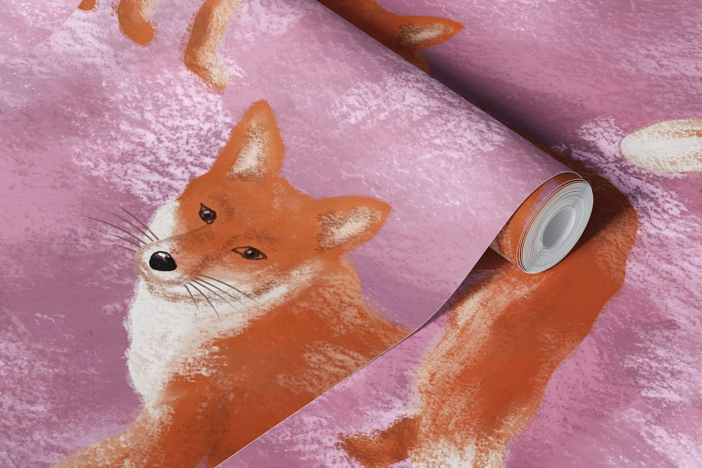 Foxes Pattern Gouache Pink 2 wallpaper roll