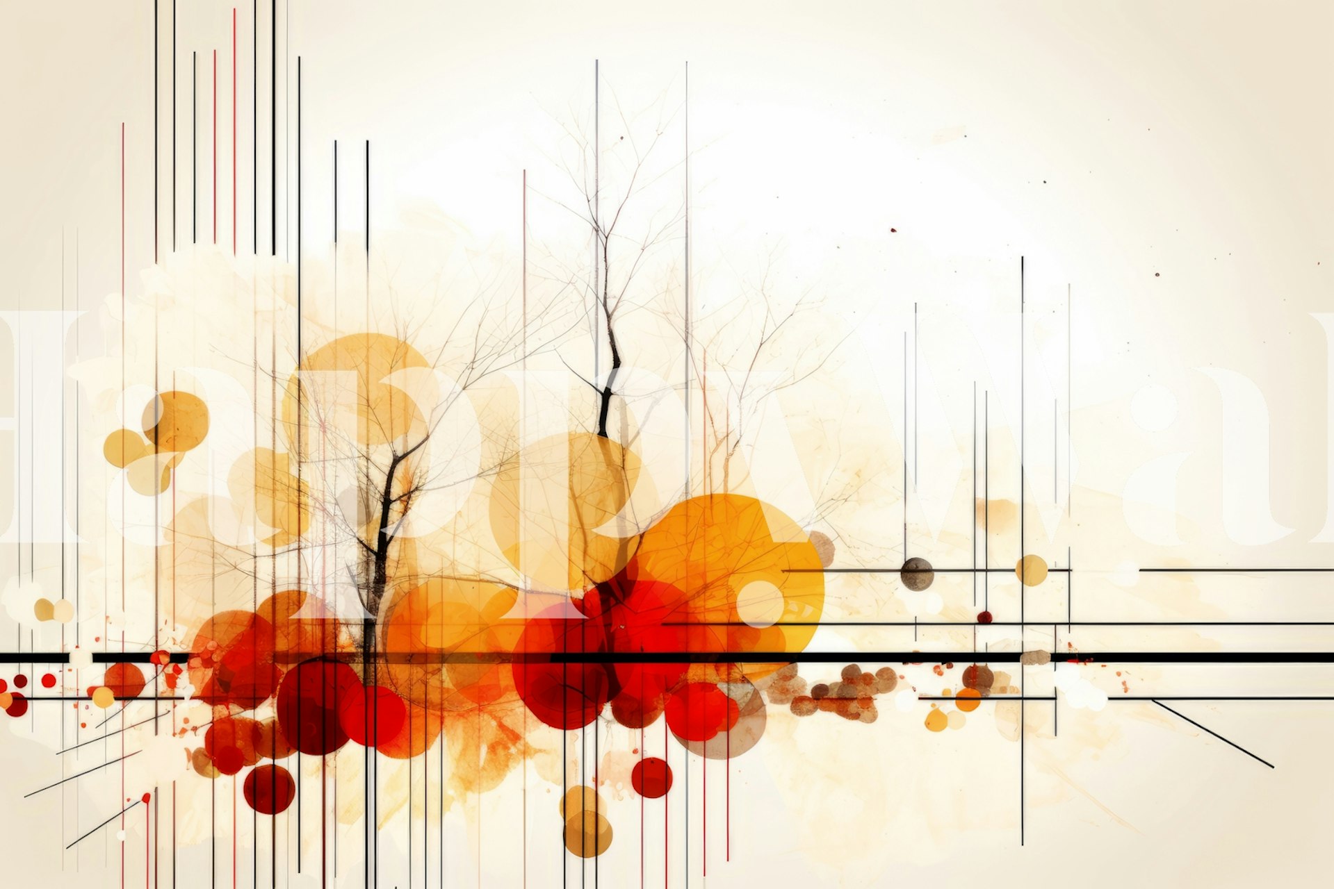 Geometric orange and red patterns with tree silhouettes wall mural