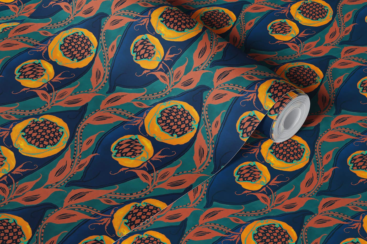 Samarkande teal rust yellow navy blue wallpaper roll