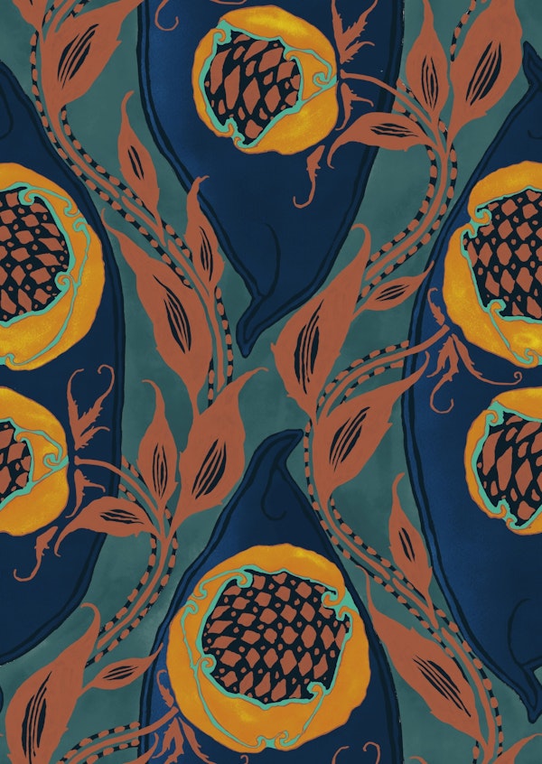 Samarkande teal rust yellow navy blue