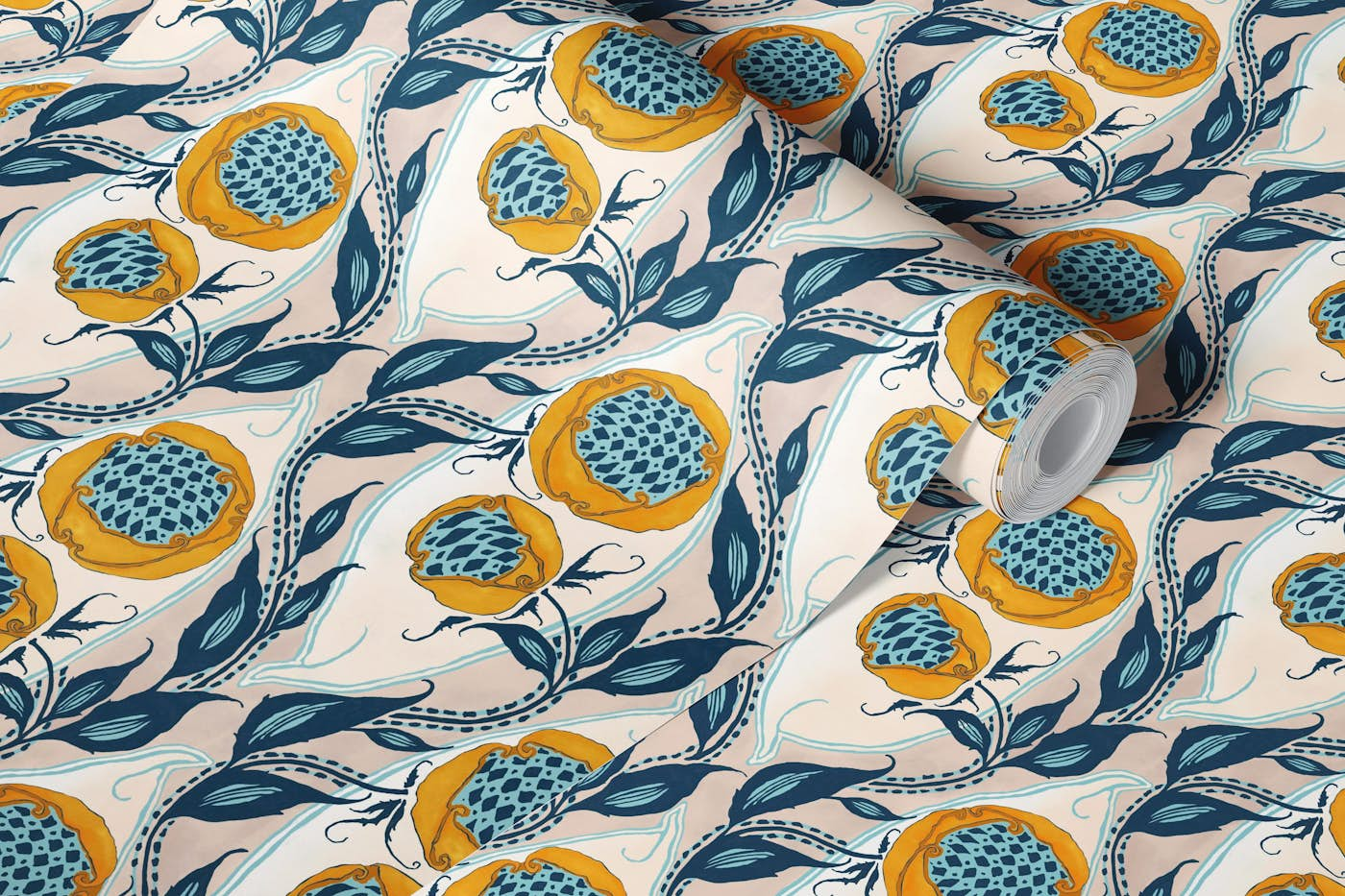 Samarkande teal mustard yellow blush pink wallpaper roll