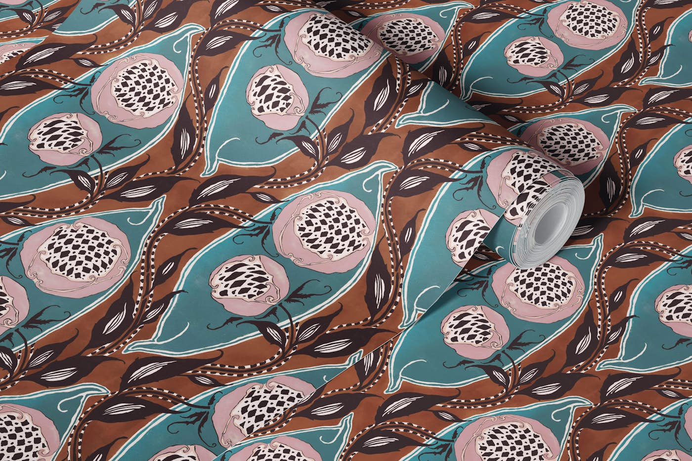 Samarkande aqua blue rust brown blush pink wallpaper roll