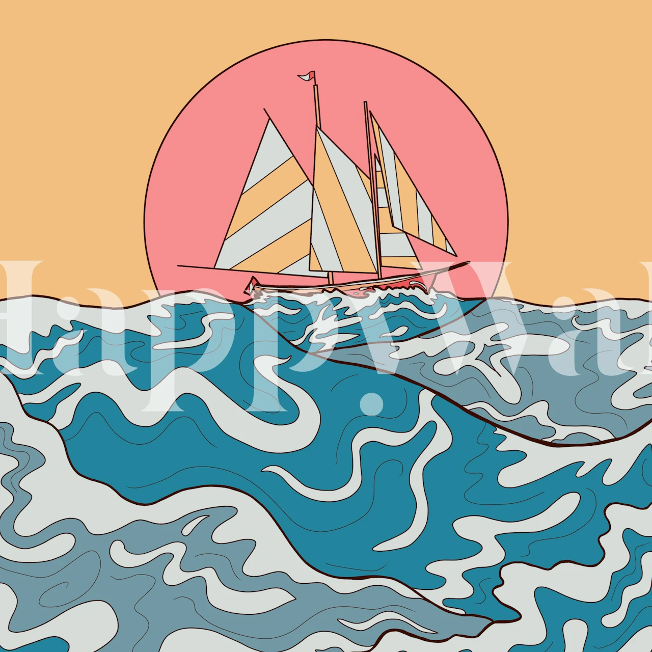 Sailboat on blue waves with pink sun background wallpaper