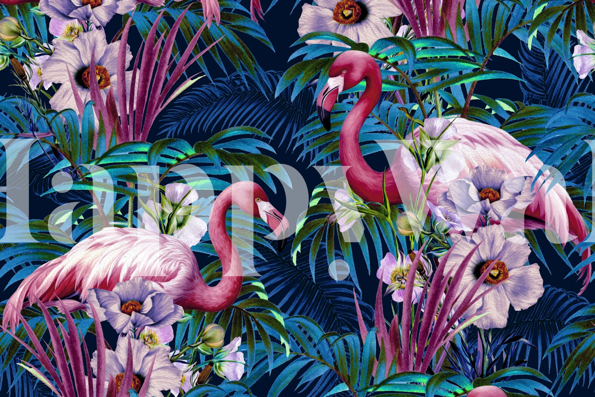Elegant flamingos among tropical foliage on a dark blue background wall mural