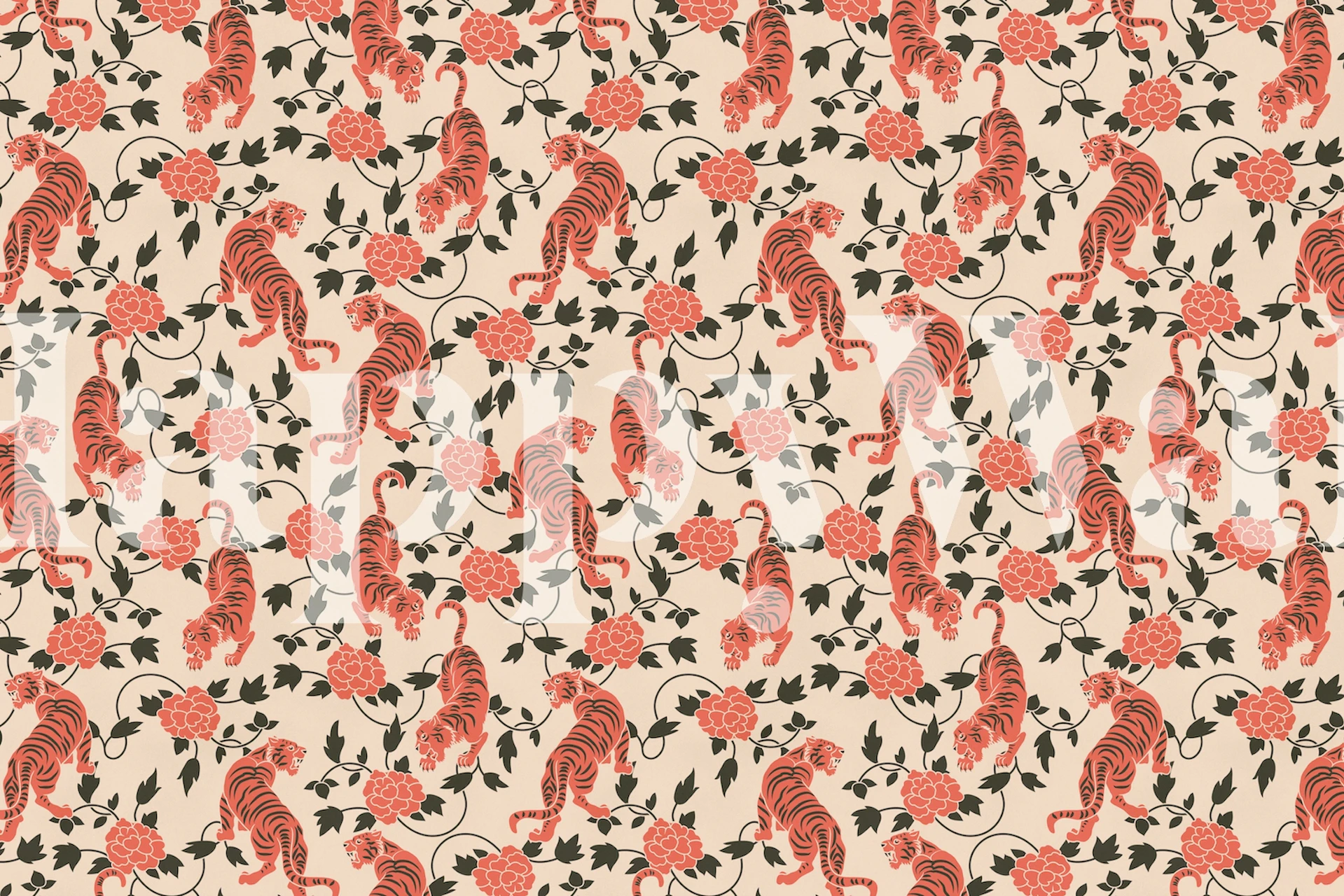 Vintage Chinese style mural with tigers and florals on a creamy background