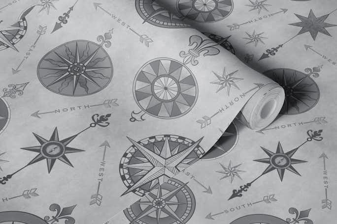 Explore The World Vintage Compass Pattern Greywallpaper roll