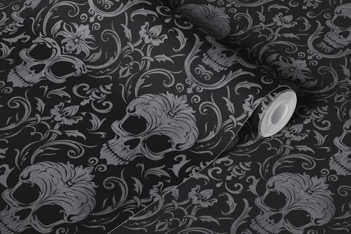 Dark Gothic Elegance Skull Damask Pattern Black Greywallpaper roll