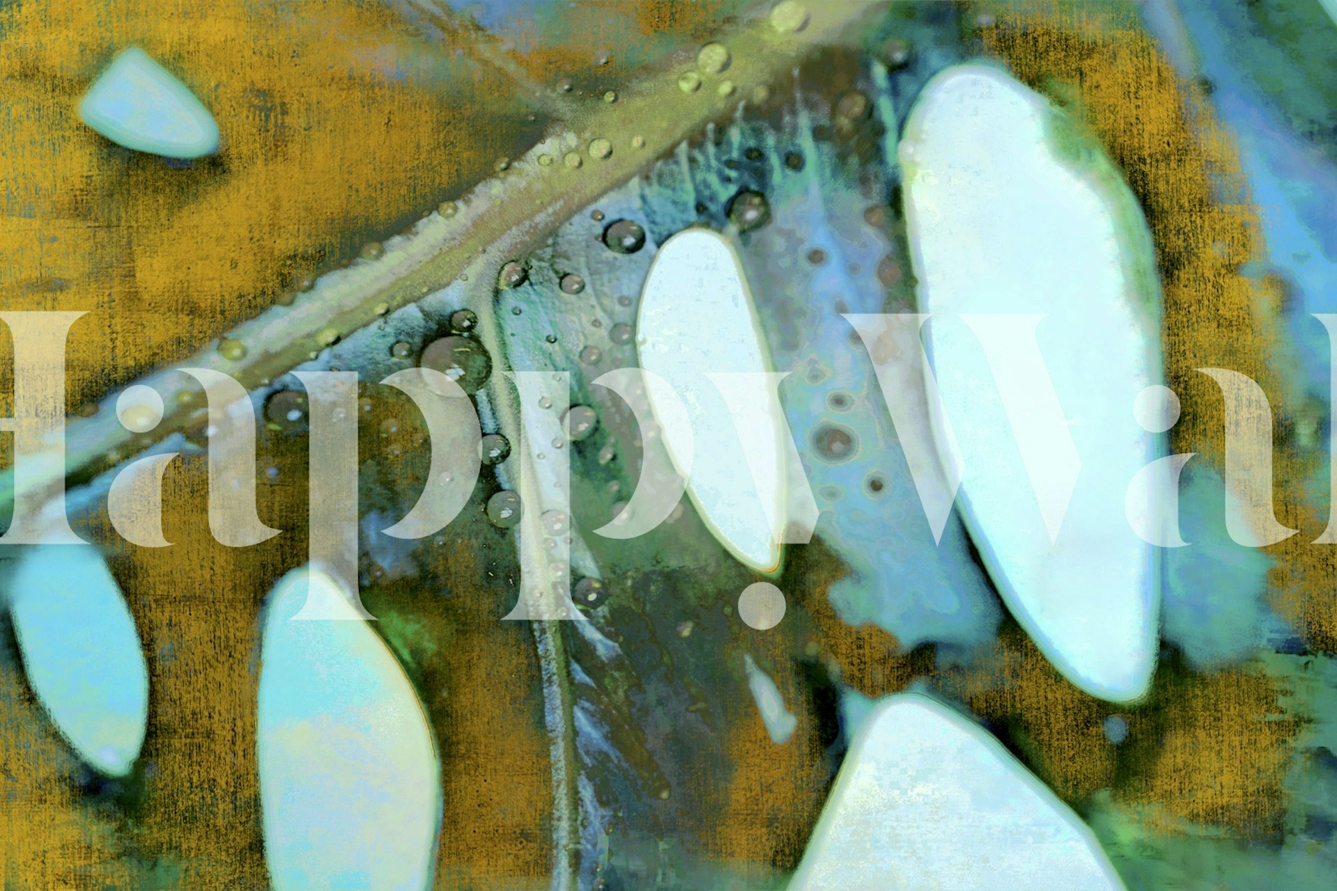 Carta da parati ispirata alla giungla da sogno con texture grunge nei toni verde acqua, crema e ambra