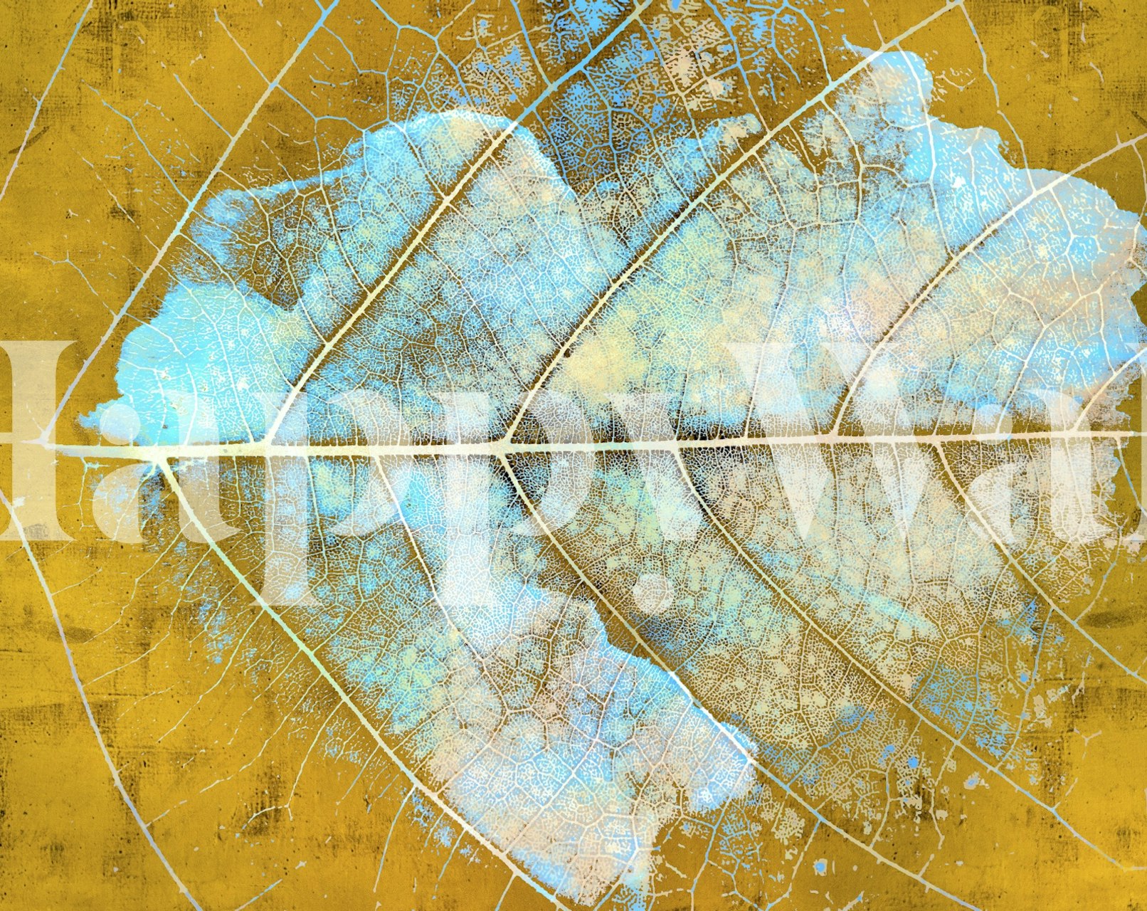 Yellow leaf pattern with soft blue accents wallpaper