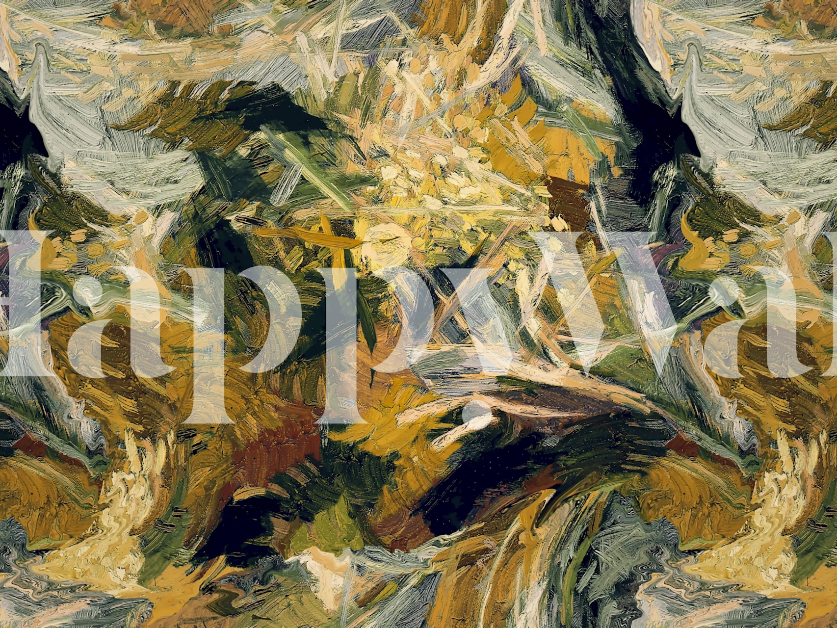 Abstract earthy wallpaper featuring green and brown brush strokes