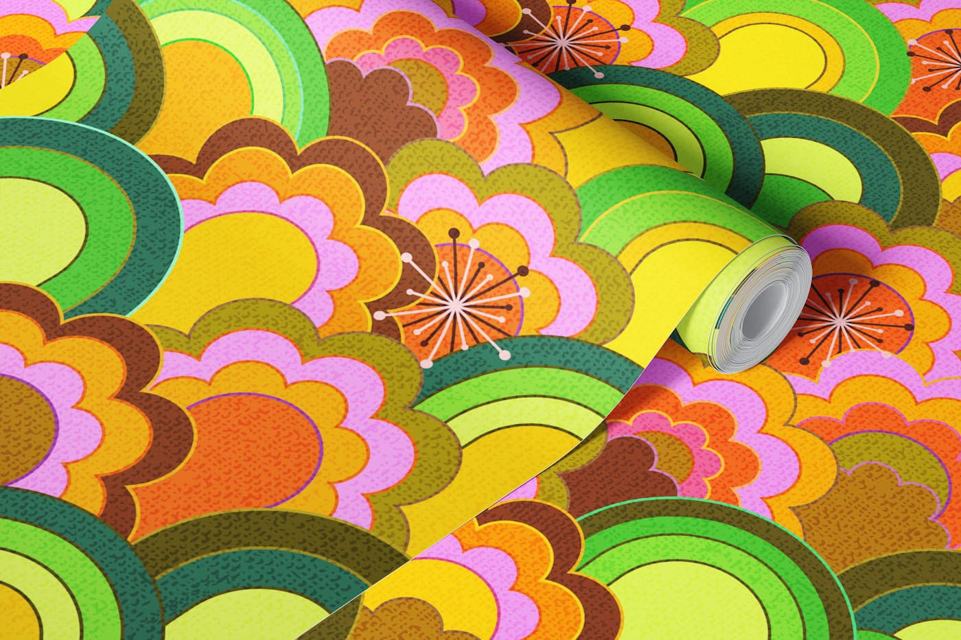 70s rainbow flowers textured large wallpaper roll