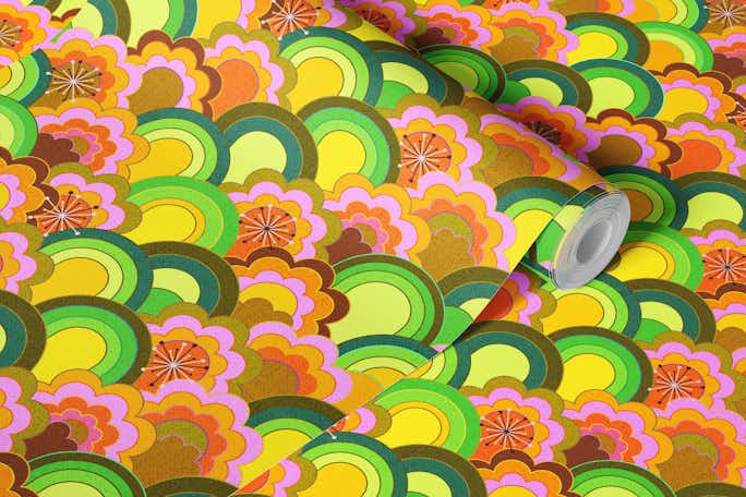 70s rainbow flowers textured smallwallpaper roll