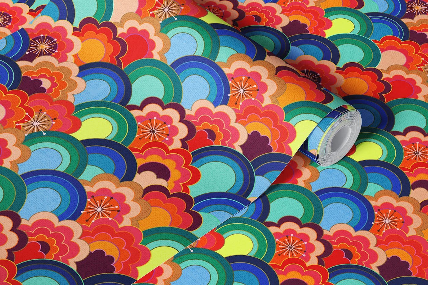 70s rainbow flowers sunset colors small wallpaper roll