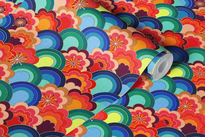 70s rainbow flowers sunset colors smallwallpaper roll