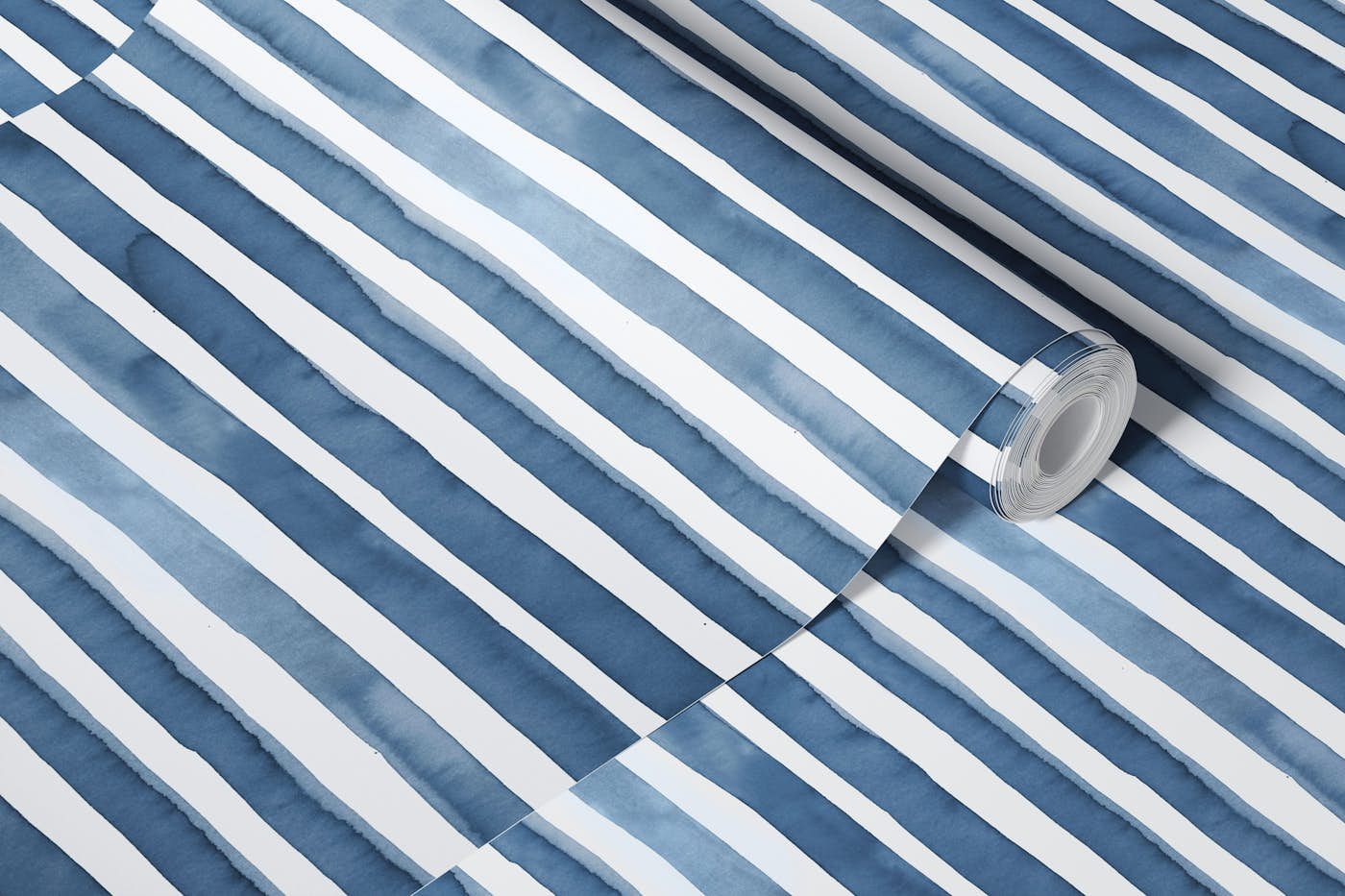 Marine Blue Navy Sea Watercolor Stripes wallpaper roll