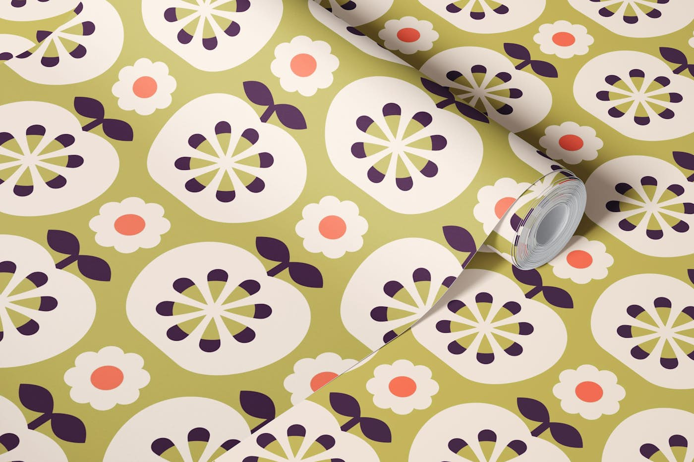 2800 D - retro apples, sage green wallpaper roll