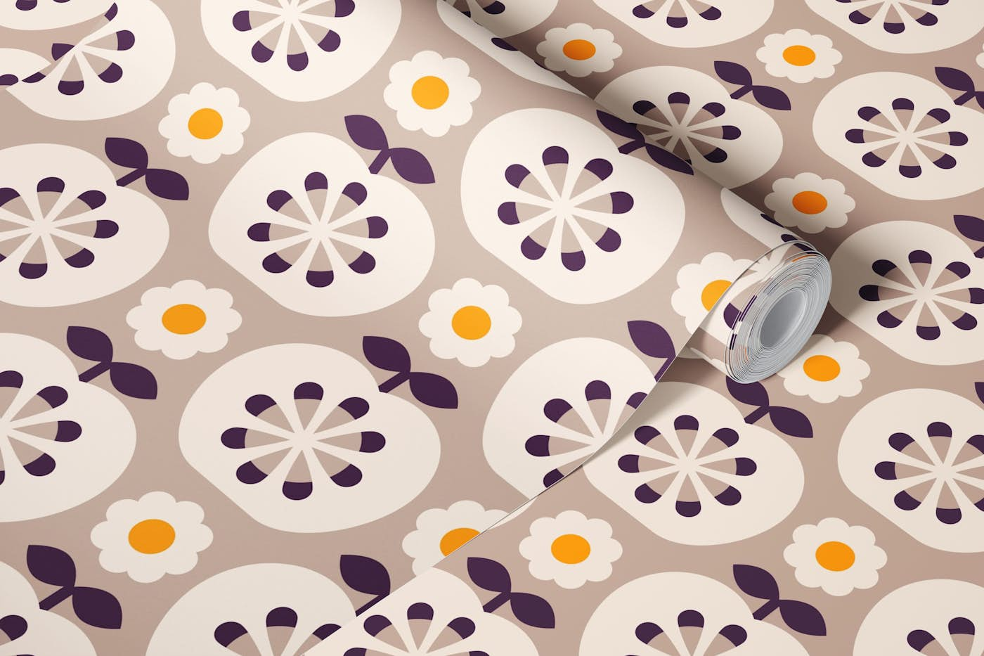 2800 D - retro apples, light brown, creme wallpaper roll