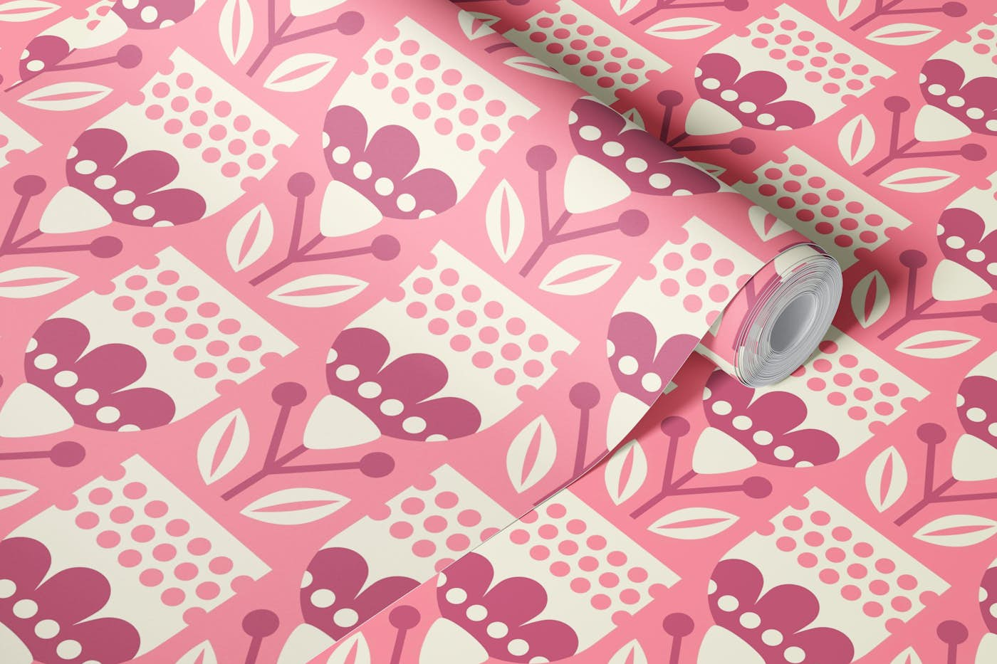 2805 A - Scandinavian folk flowers, pink wallpaper roll