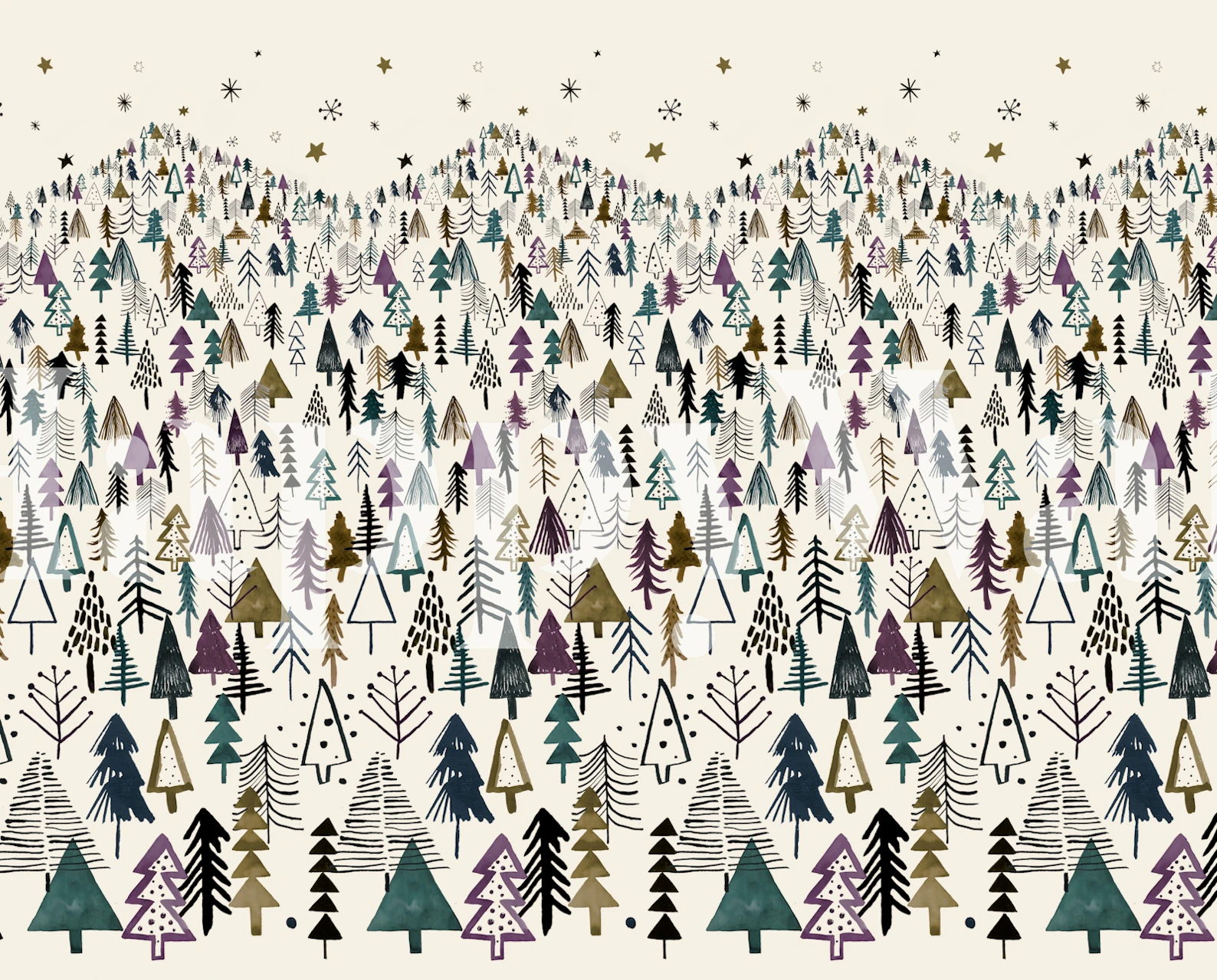 Colorful forest trees in green, purple, and gold on beige wallpaper