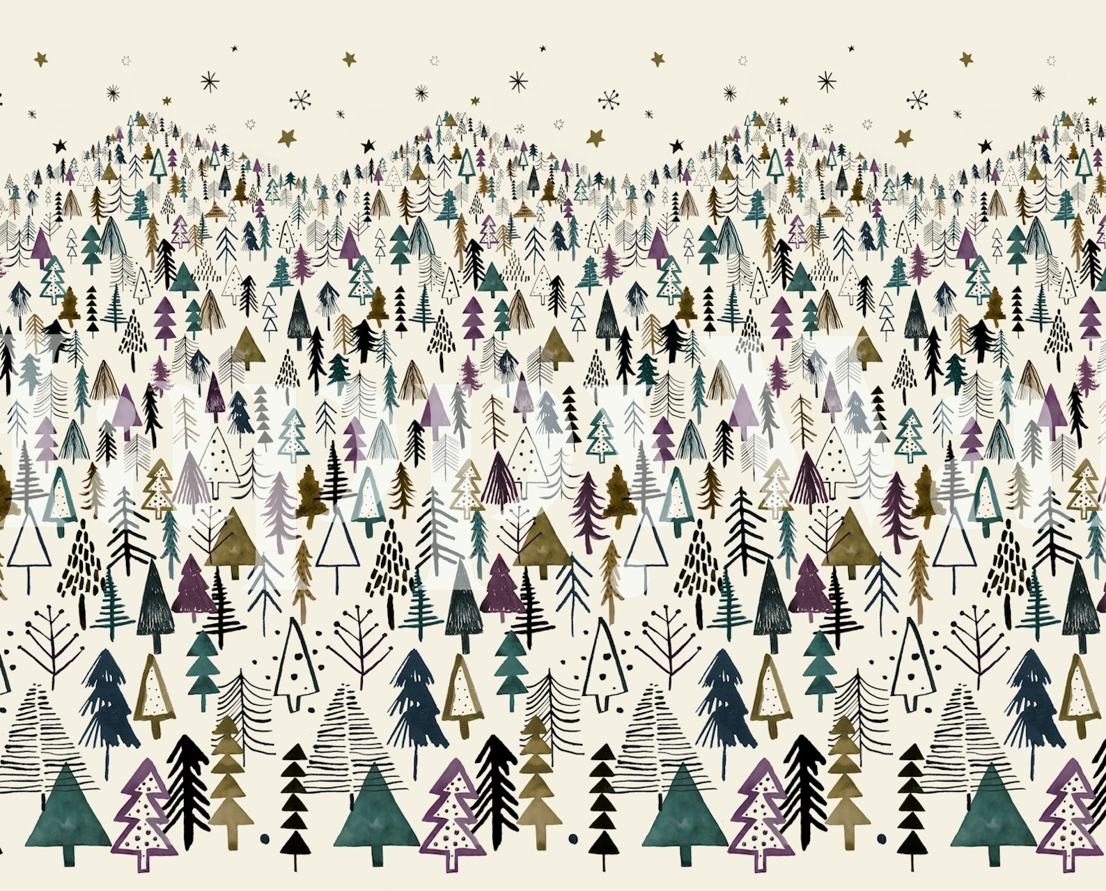 Colorful forest trees in green, purple, and gold on beige wallpaper