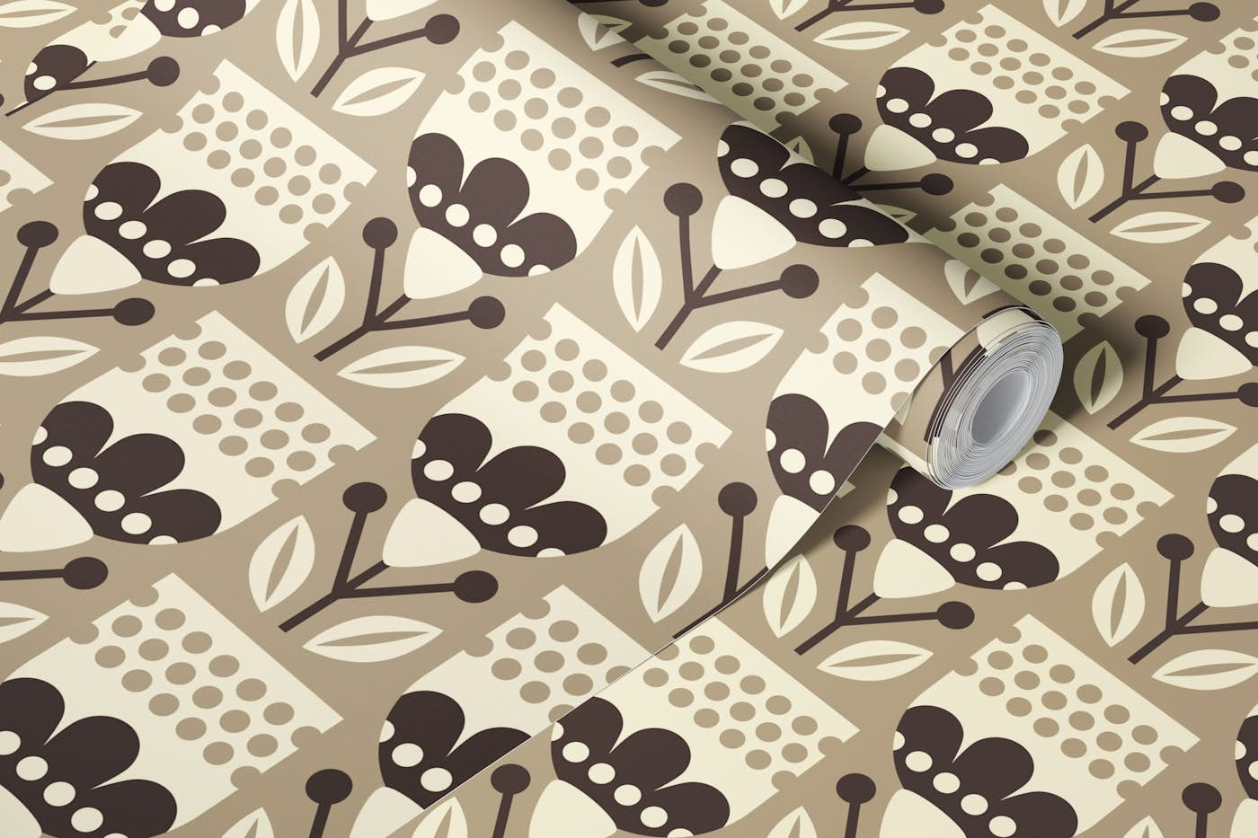 2805 D - Scandinavian folk flowers, light brown wallpaper roll