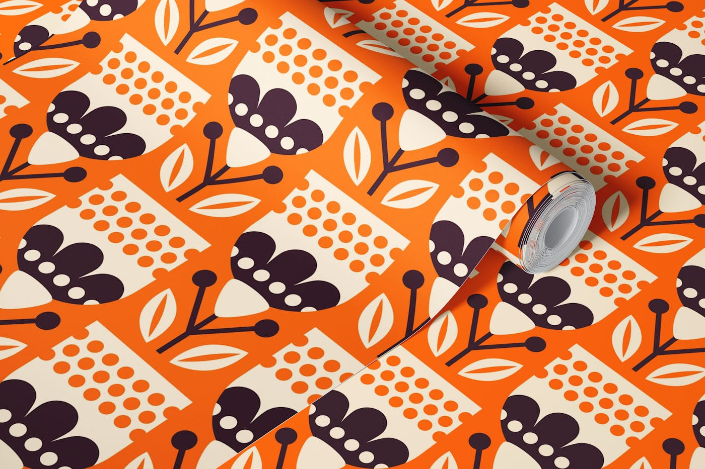 2805 C - Scandinavian folk flowers, orange wallpaper roll