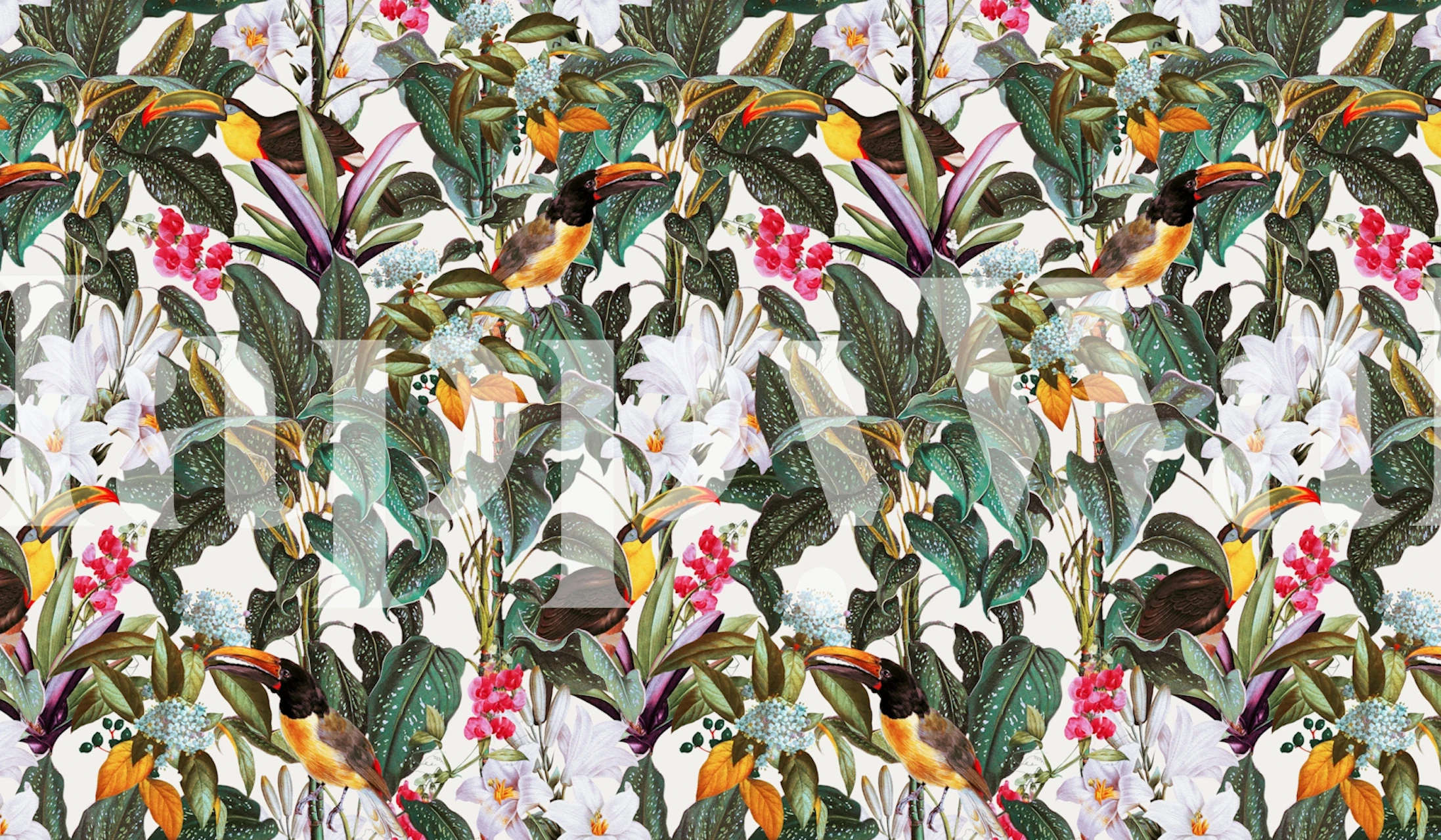 Tropical Toucan Garden wall mural with vibrant toucans and exotic flowers