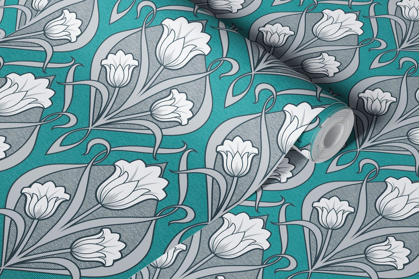 Tulips Art Nouveau - Charcoal and Dark Cyan wallpaper roll