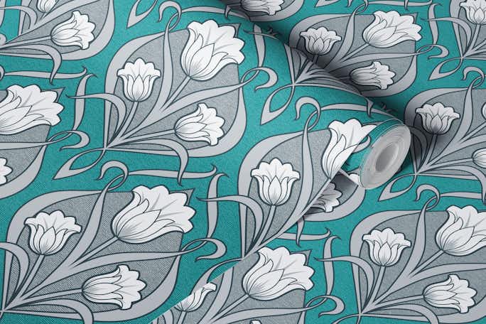 Tulips Art Nouveau - Charcoal and Dark Cyanwallpaper roll