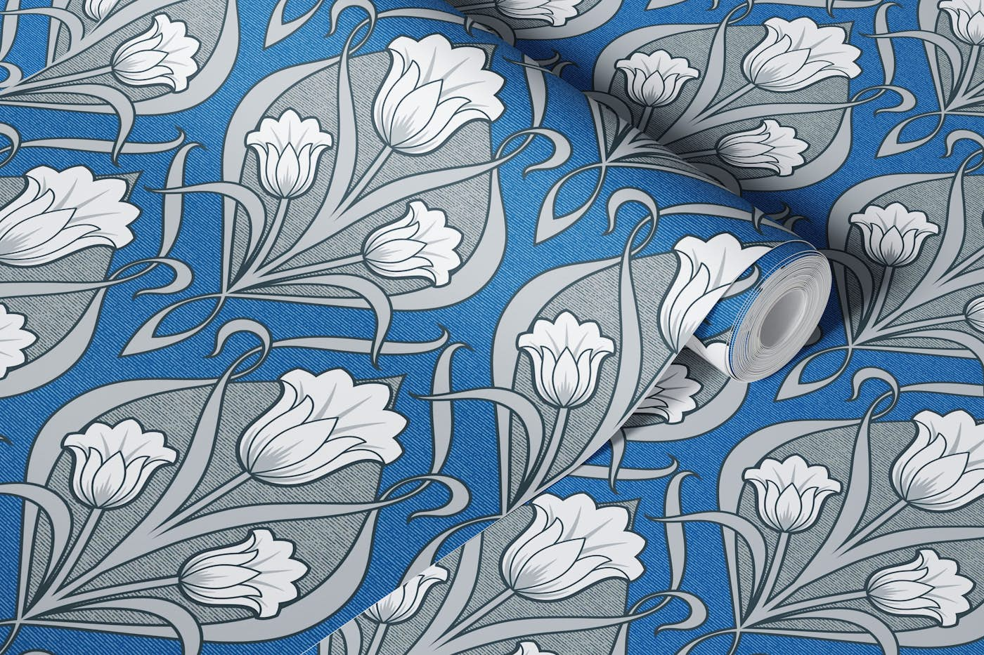 Tulips Art Nouveau - Charcoal and Persian Blue wallpaper roll