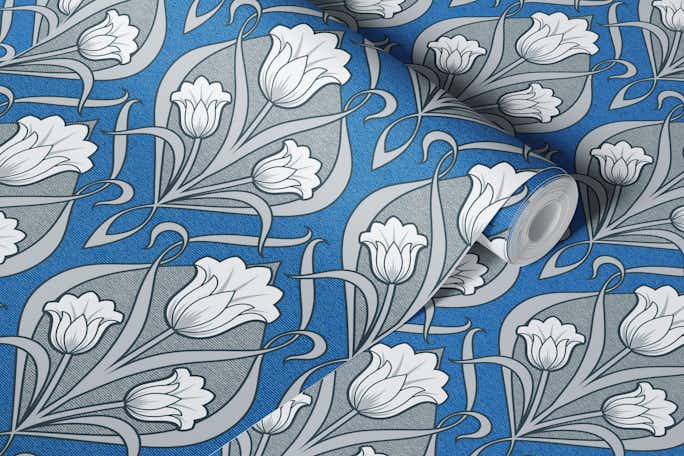 Tulips Art Nouveau - Charcoal and Persian Bluewallpaper roll