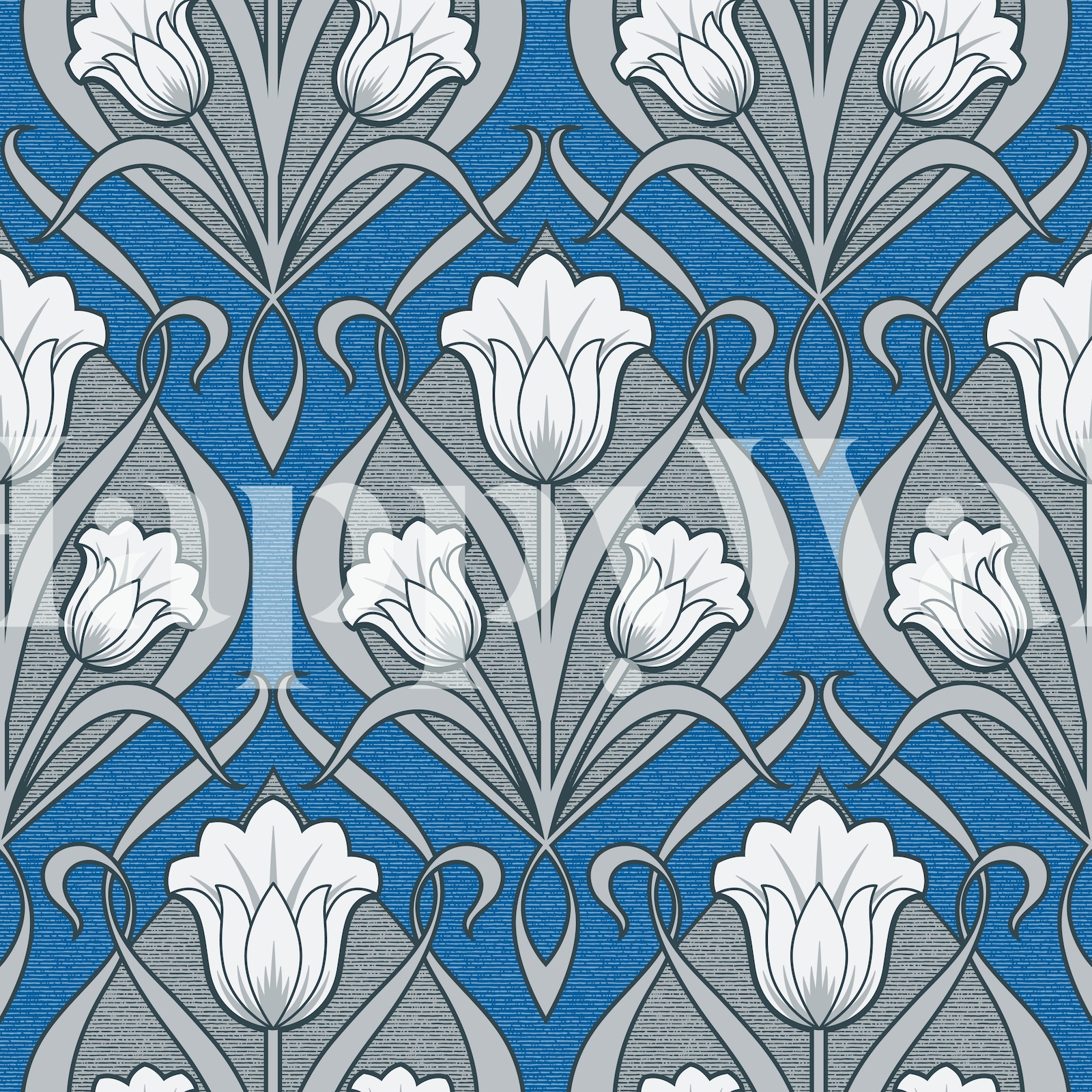 Tulips Art Nouveau - Charcoal and Persian Blue papel de parede