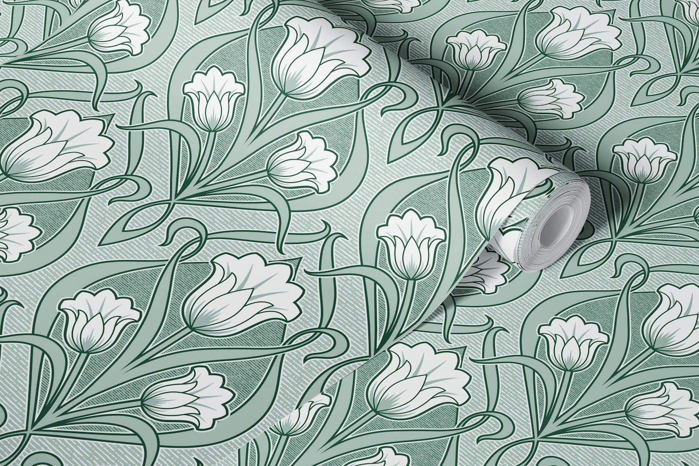 Tulips Art Nouveau - Brunswick Green Soft wallpaper roll