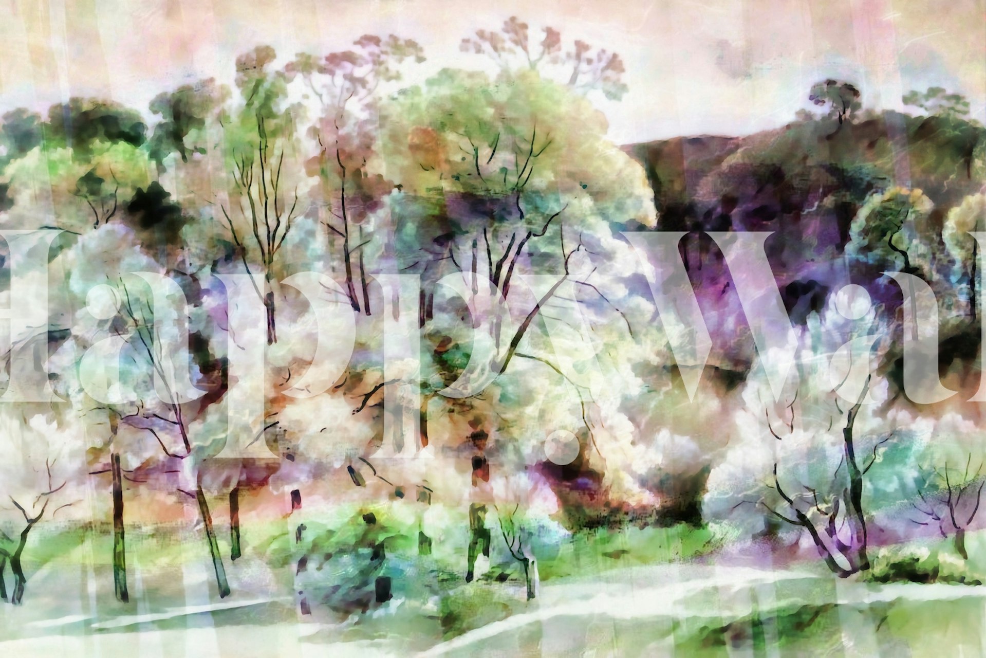 Watercolor forest landscape wallpaper in pastel colors