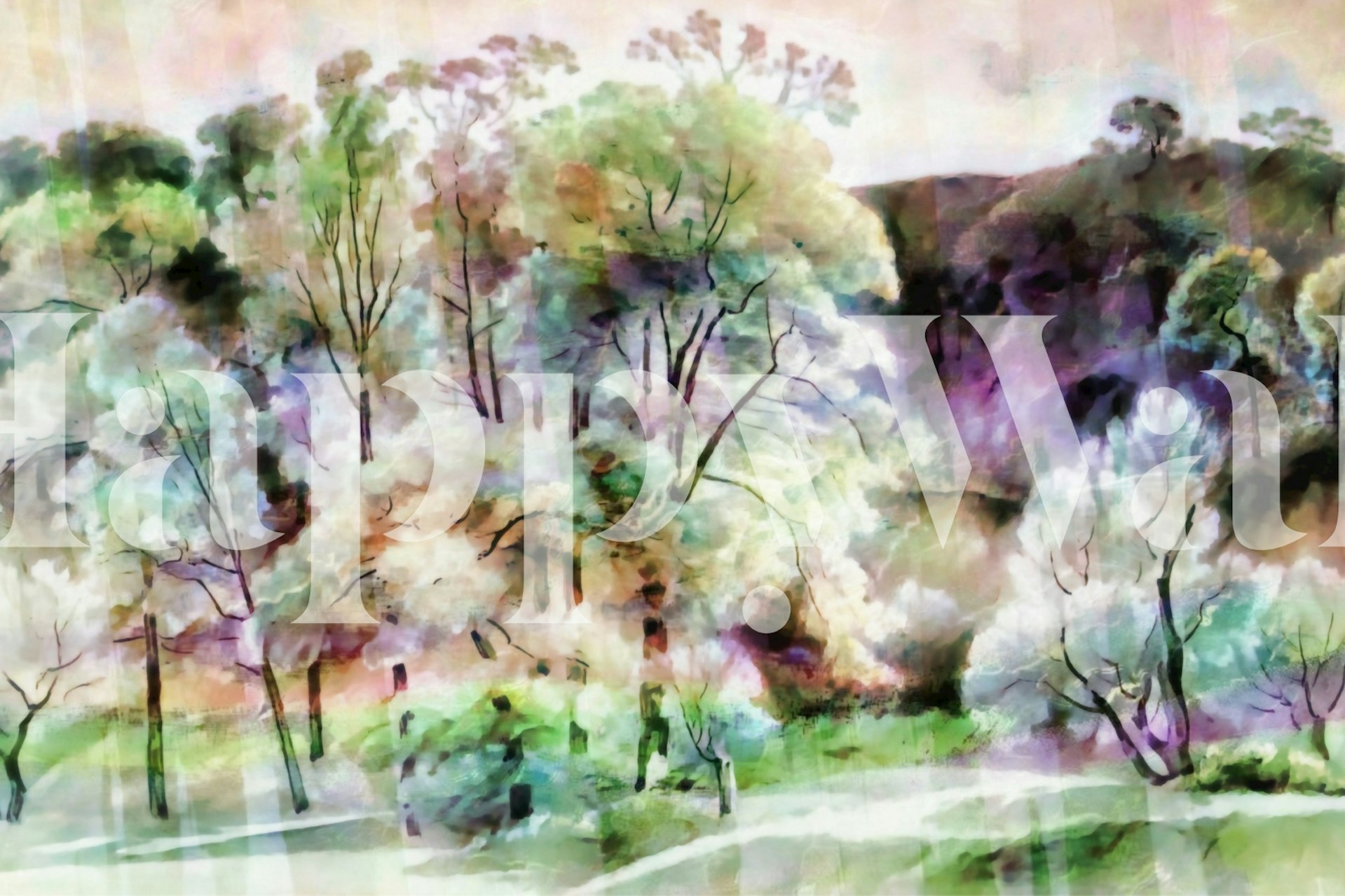 Watercolor forest landscape wallpaper in pastel colors