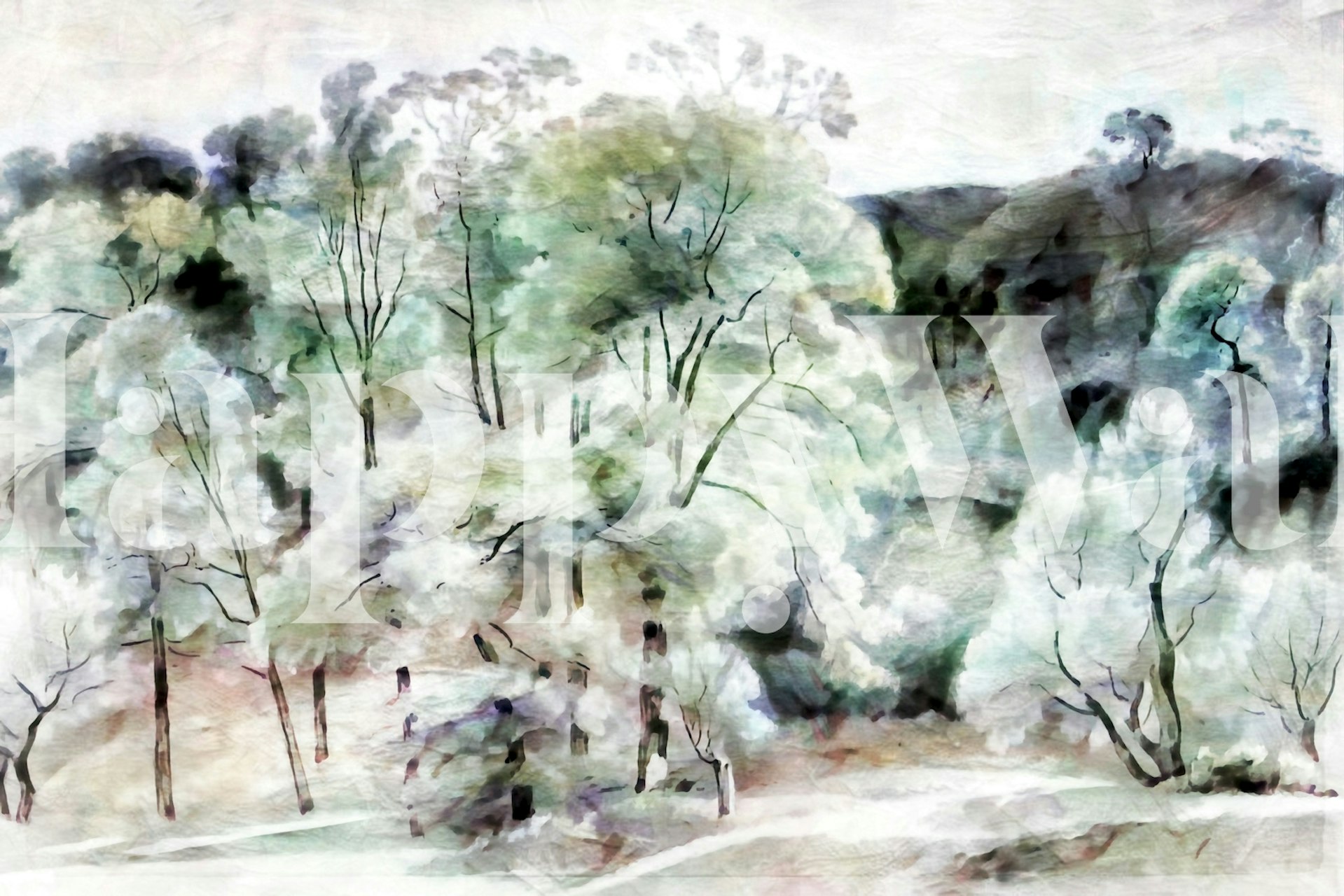 Artistic Nordic forest wall mural with watercolor trees in hues of green and white