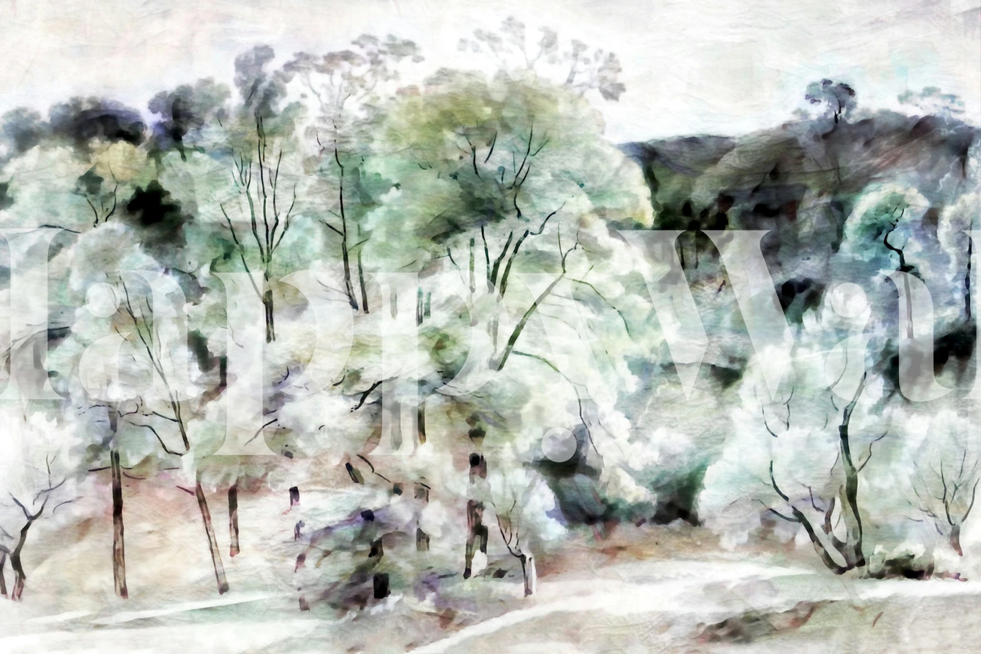 Artistic Nordic forest wall mural with watercolor trees in hues of green and white