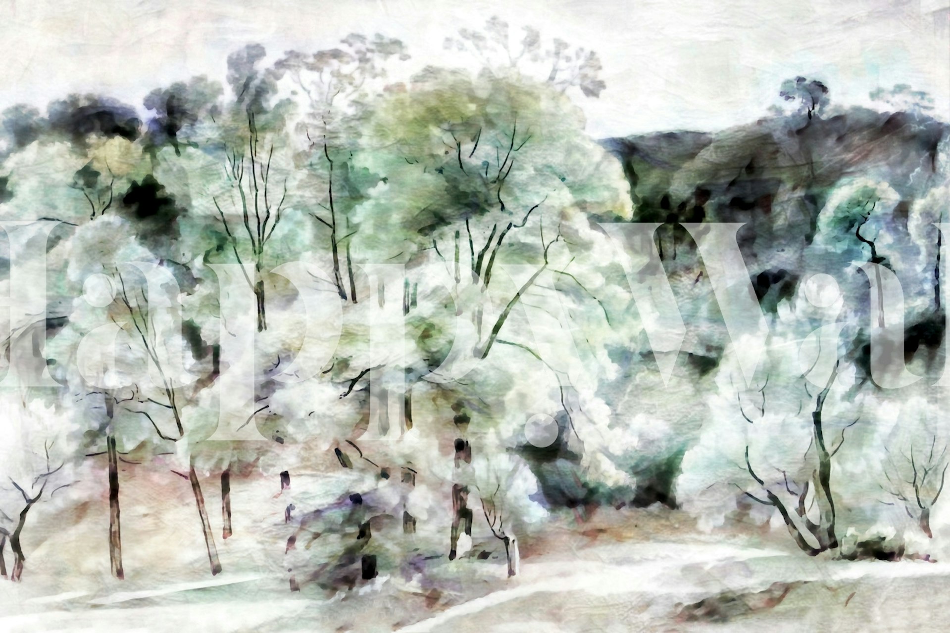 Artistic Nordic forest wall mural with watercolor trees in hues of green and white