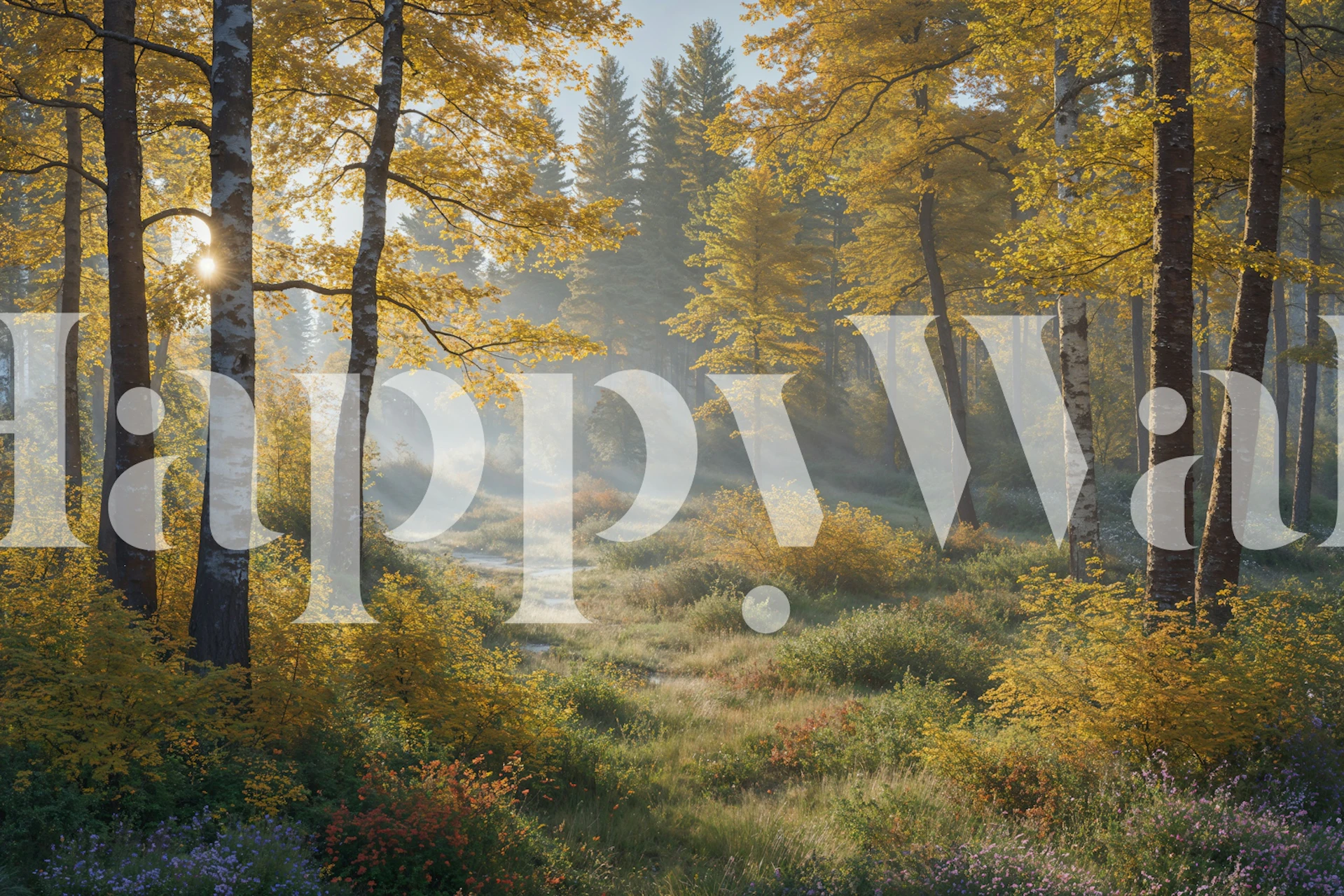 Autumn forest scene with golden trees and mist wallpaper