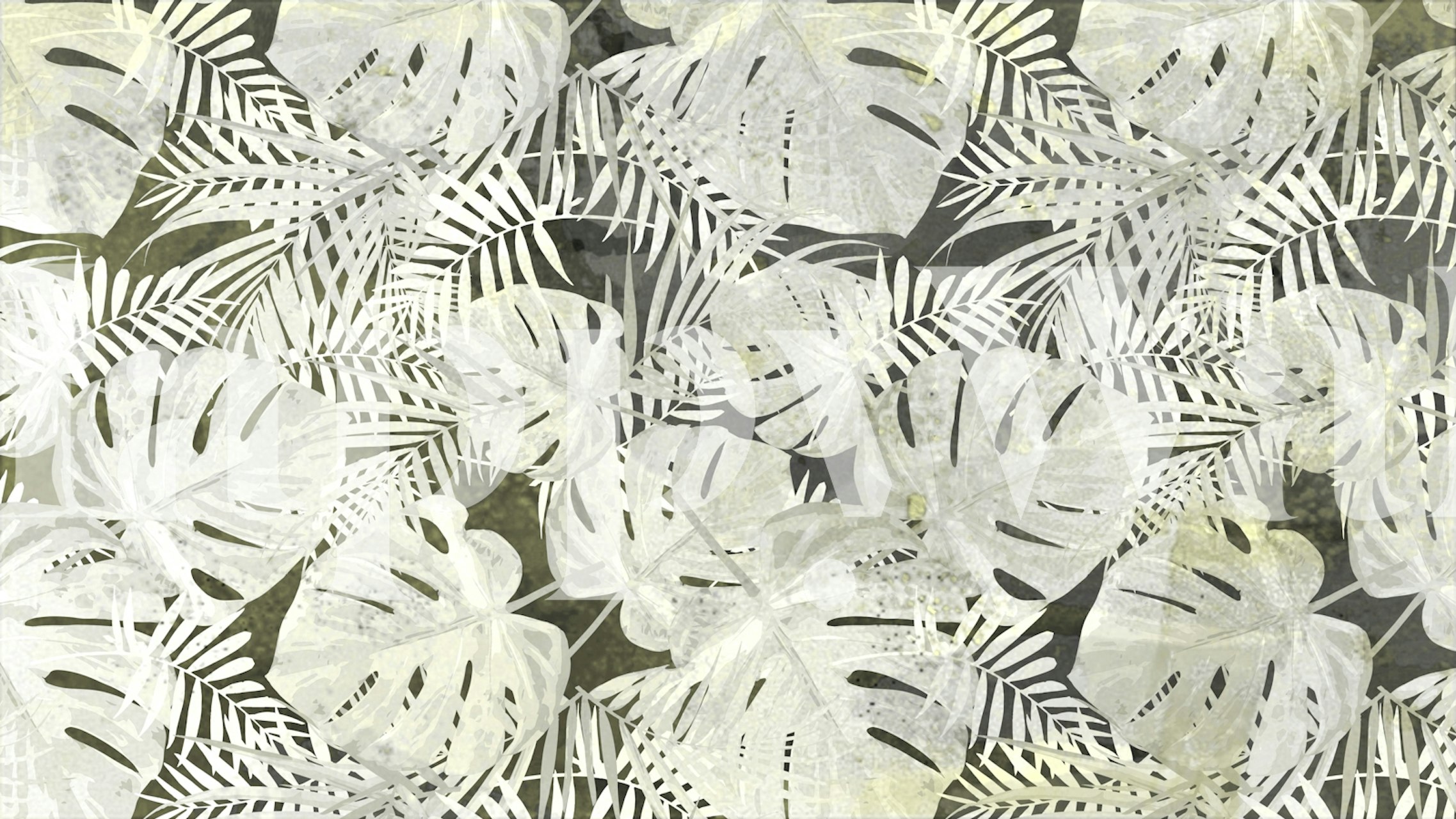 Tropical leaves in white and green tones, grunge style wallpaper