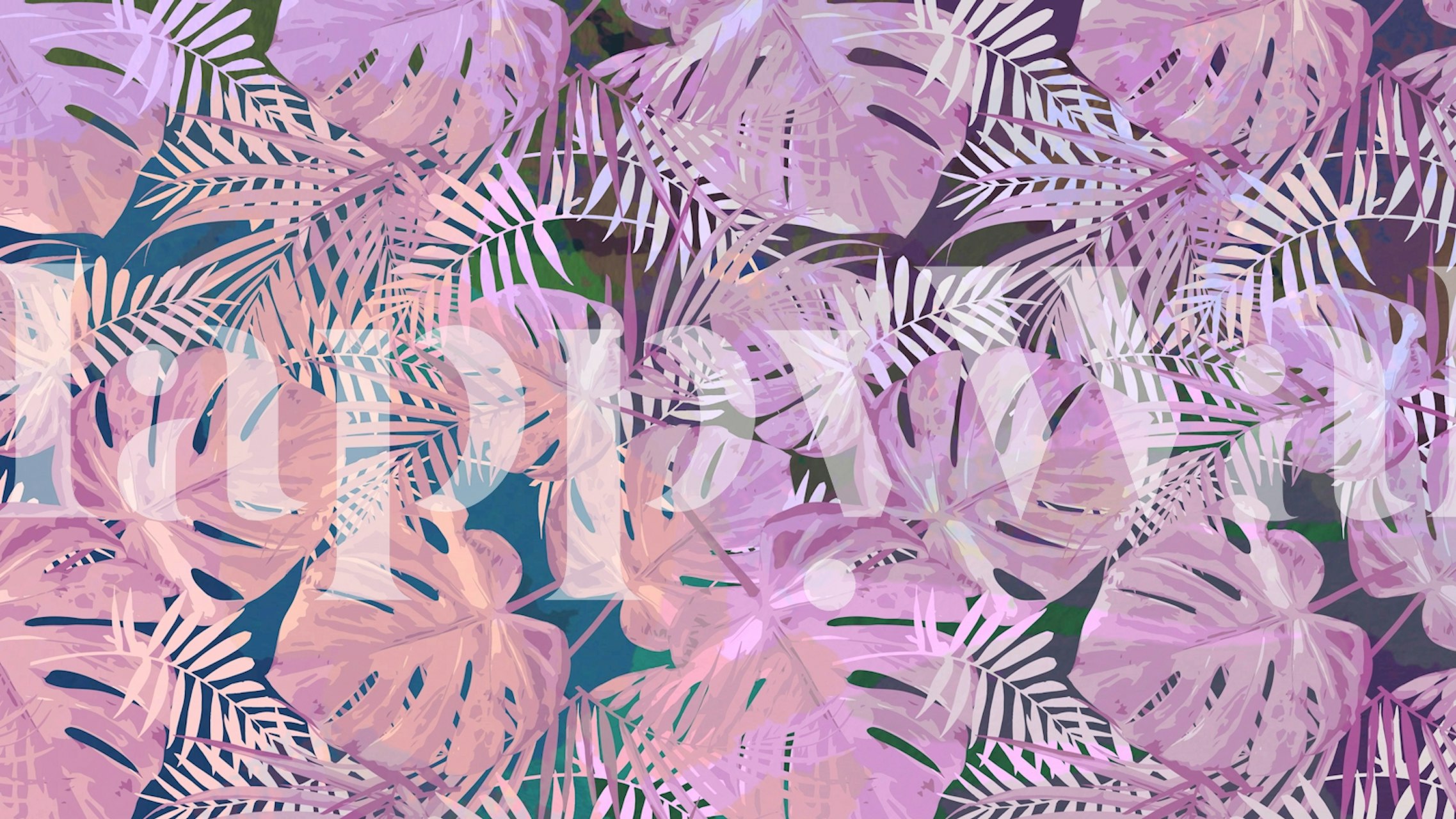 Tropical magenta and purple leaves with geometric patterns on a wall mural