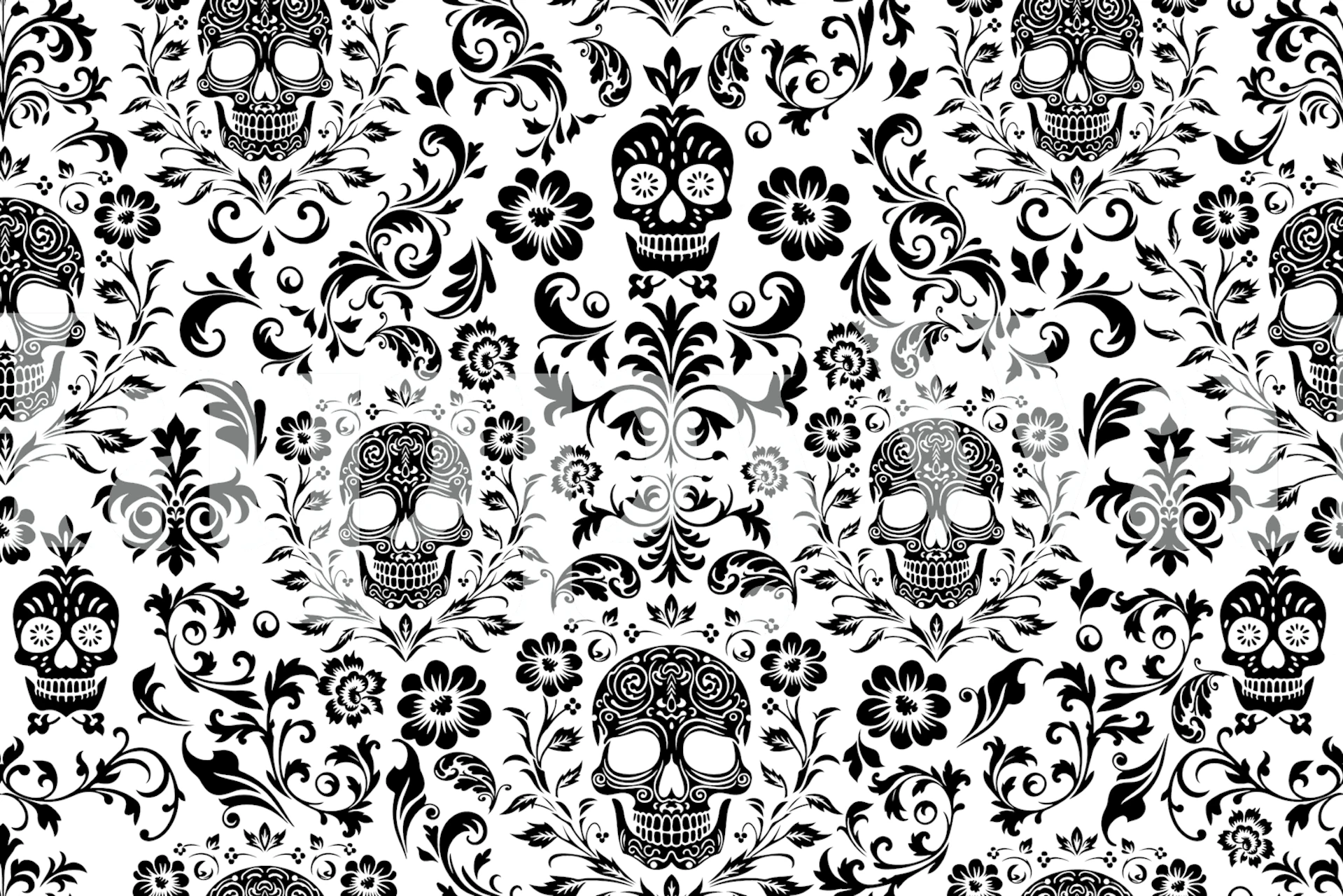 Mystical Macabre Damask wall mural in black and white with skull motifs and floral patterns