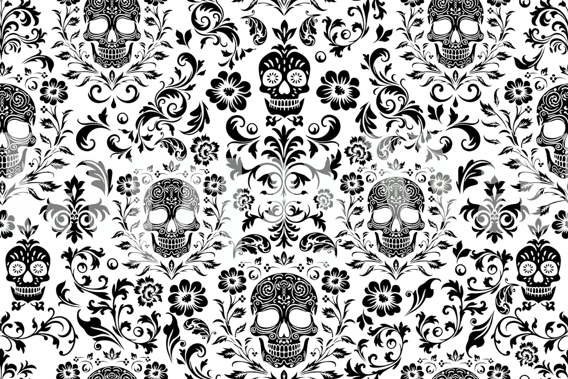 Mystical Macabre Damask wall mural in black and white with skull motifs and floral patterns