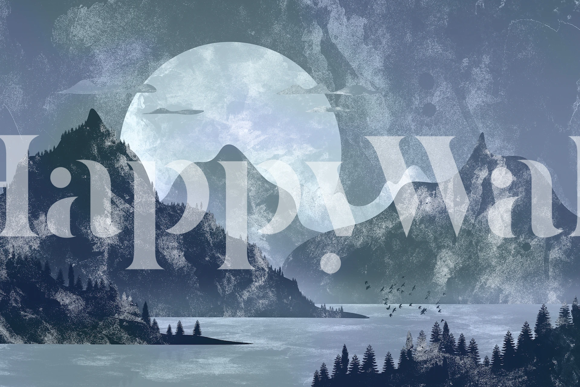 Mountain landscape with blue hues and a large moon wallpaper