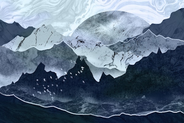 White birds between blue mountains