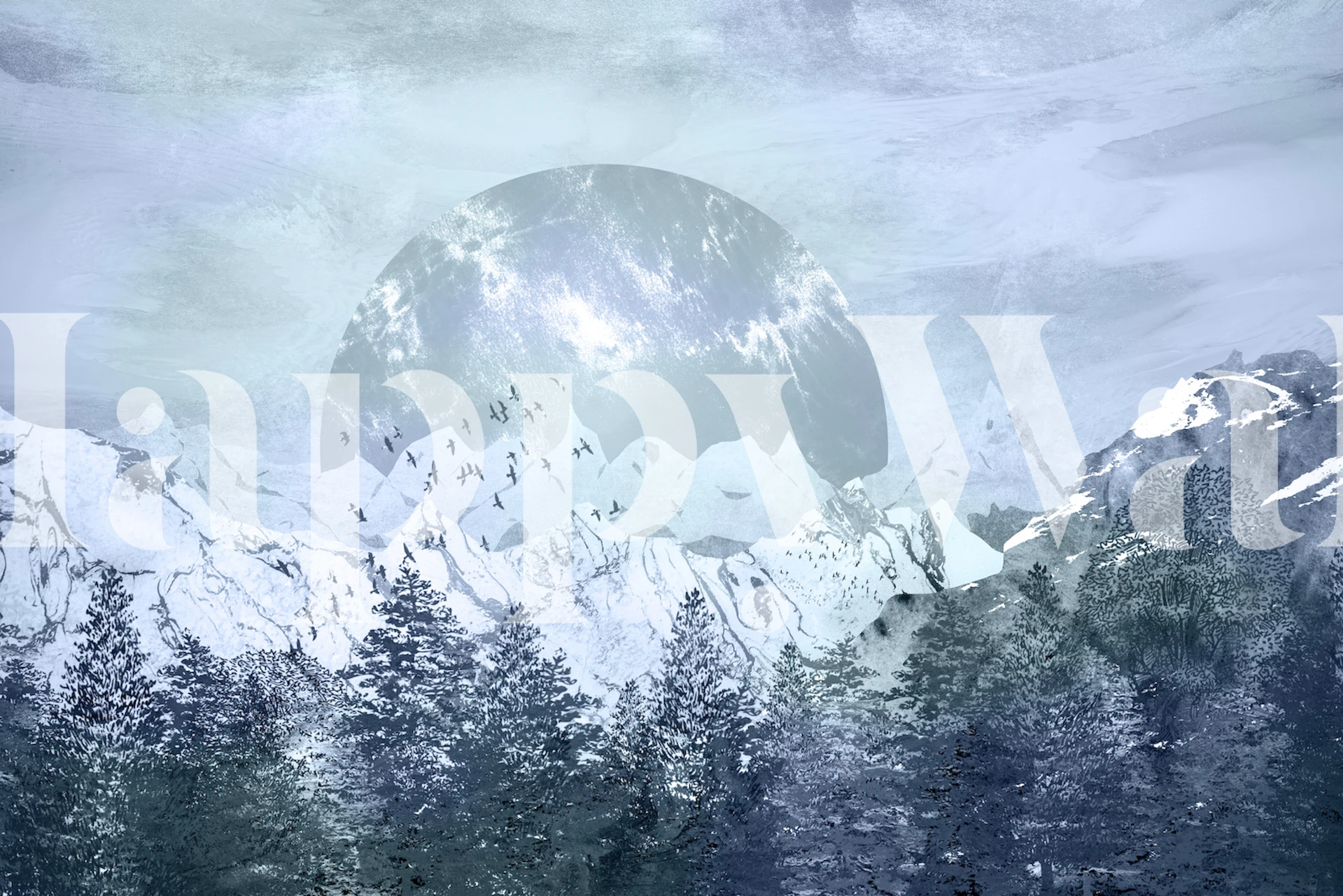 A serene wall mural depicting blue snowy mountains under a moonlit sky