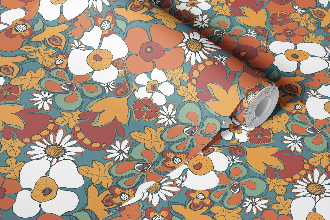 Floral Doodles Pattern in Teal Rust SMALL wallpaper roll