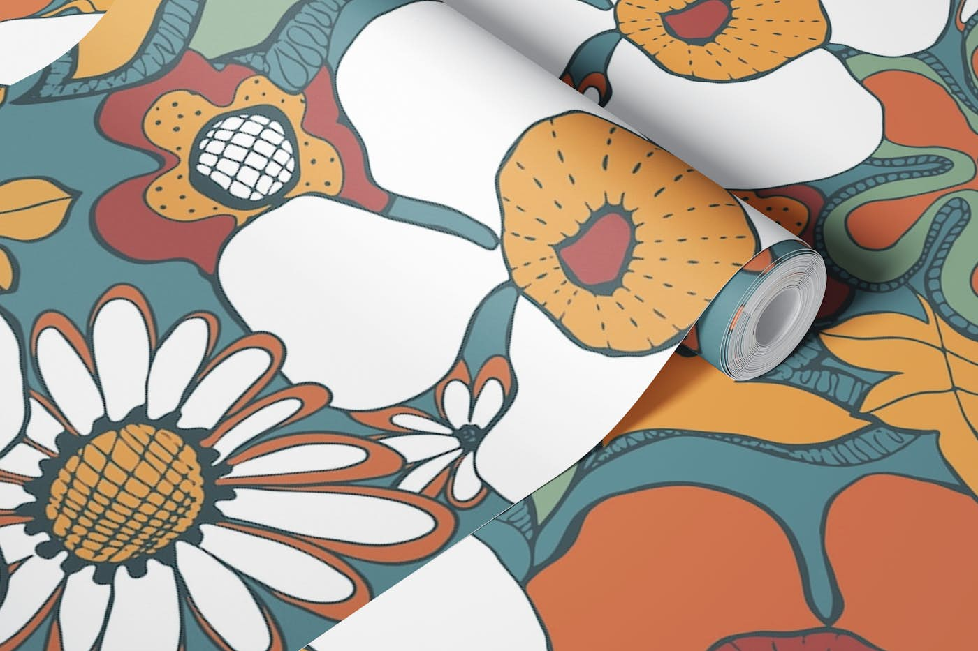 Floral Doodles Pattern in Teal Rust wallpaper roll